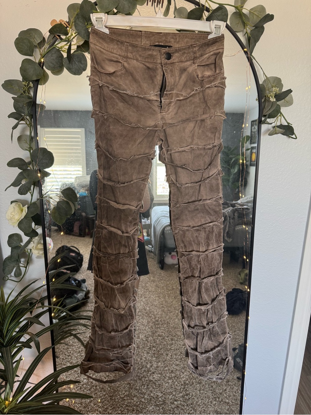 Tiered Distressed Flare Jeans in Brown